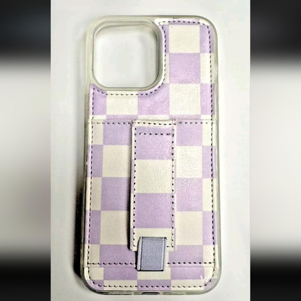 iPhone 11 Pro Max Case With Card Holder Finger Strap Wallet - Purple Checker